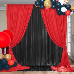 10x10ft Black Backdrop Curtains and Red Backdrop Curtains Panels, Black and Red Backdrop Drapes for Party Home Decoration Supplies, 4 Panels * 2.5x10FT