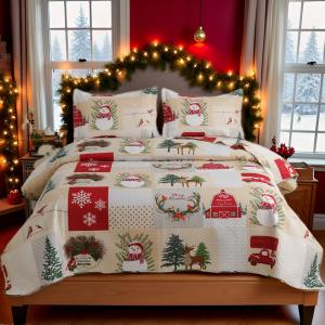 Oliven Xams Bedding Quilts King Size Christmas Car Bedspread Lightweight Snowmen Reindeer Cardinals Patchwork Bedding Holiday Bed Quilt Daybed Cover Home Decor (King(108"x96"), Beige White)