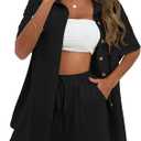 APAFES Women Summer Cotton Linen Short Sets 2 Piece Shorts Top Lounge Beach Vacation Two Piece Outfits Tracksuits (Large, Black)