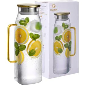 GLASKEY 74oz Square Glass Pitcher with Lid and Handle for Fridge,Borosilicate Glass Carafe for Hot or Cold Drink, Large Jug for Iced Tea,Coffee,Juice,Homemade Beverage (Gold)