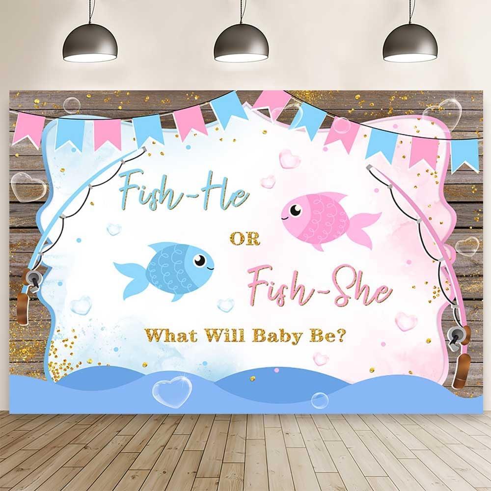 MEHOFOND 7x5ft Fish Gender Reveal Backdrop Fish-He or Fish-She Baby Shower Photography Background Pink or Blue Fish Gender Reveal Party Decor Rustic Wood Ocean Boy or Girl Banner Photo Props