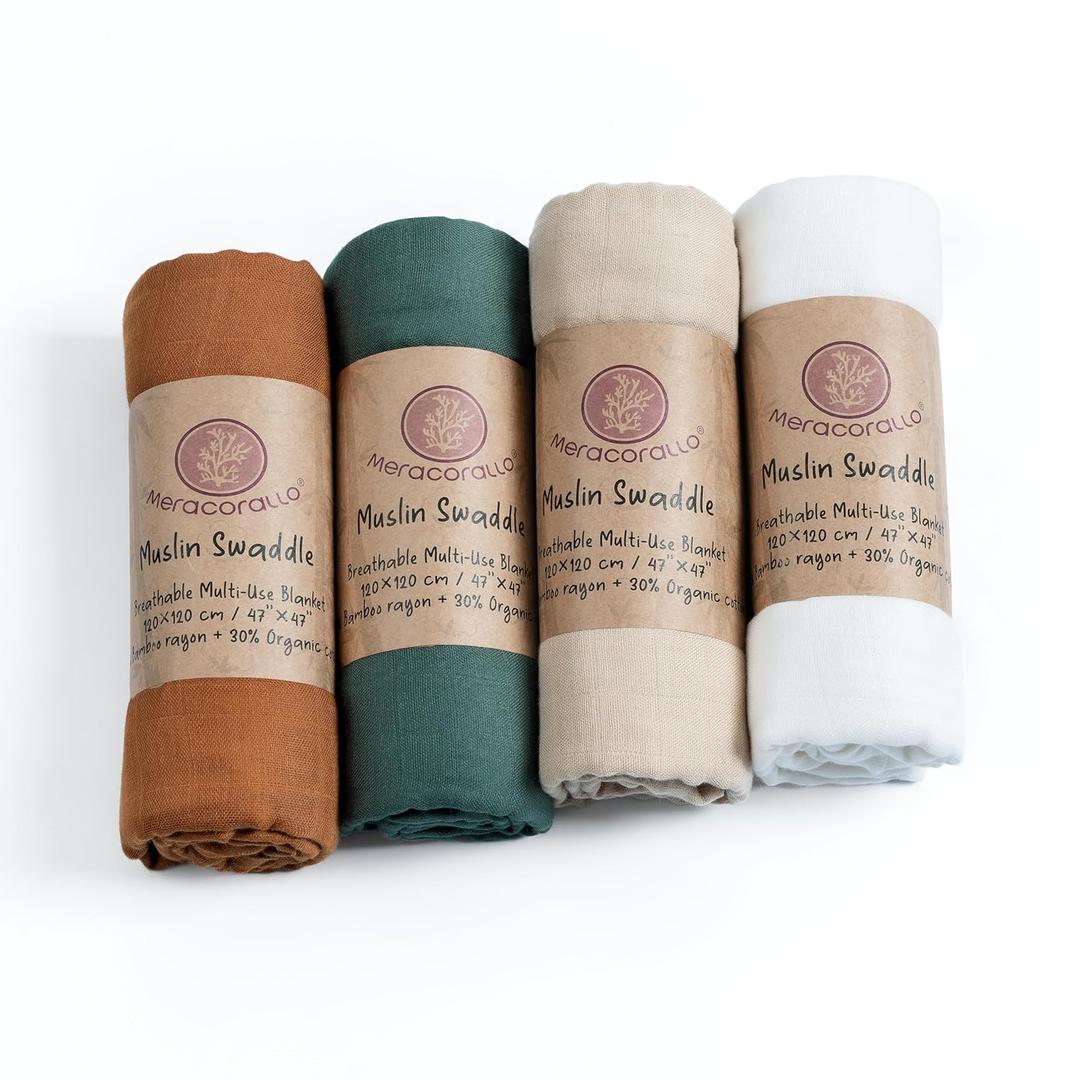 Meracorallo Muslin Swaddle Blanket Silky Soft Receiving Blanket Swaddle Wrap for Baby Boys and Girls, 47 x 47 inches, Set of 4 Solid Color, Brown Green Beige White