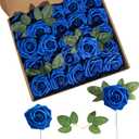 Artificial Flower Foam Rose 25pcs Real Looking Fake Rose with Stems Leaves for Home Decoration Party Garden Centerpieces DIY Wedding BouquetsRoyal Blue