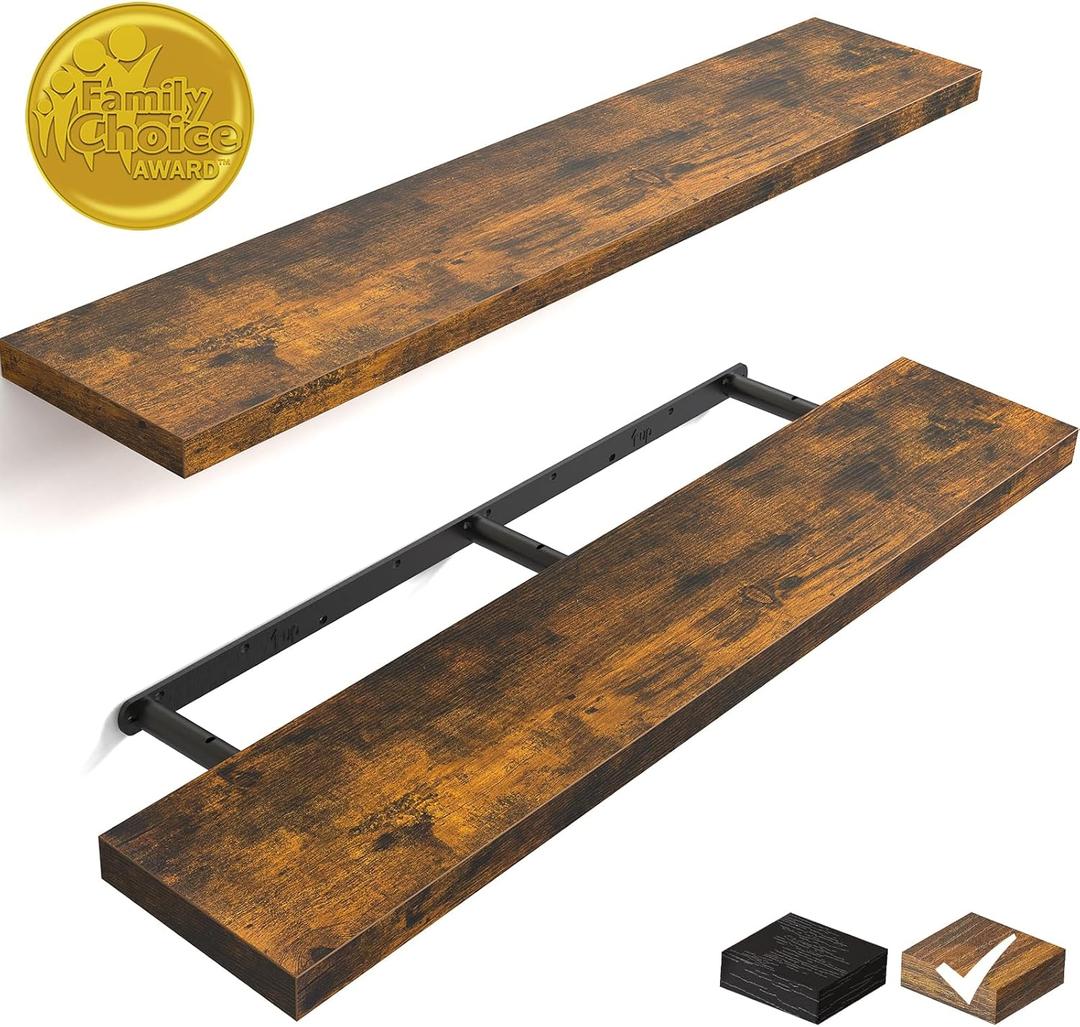 BAYKA Floating Shelves, 48" Wall Mounted Rustic Wood Shelves for Bathroom, Bedroom, Living Room, Kitchen, Office, Hanging Shelf for Books/Storage/Decor(Rustic Brown,Set of 2) (48inches, Rustic Brown)