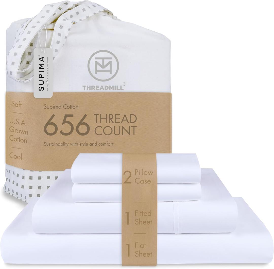 Threadmill American Supima King Size Sheets Set | 656 Thread Count 4 Piece Luxury Bed Sheets for King Size Mattress | 5 Star Hotel Quality Sheets with Elasticized Extra Deep Pocket | White Sheets