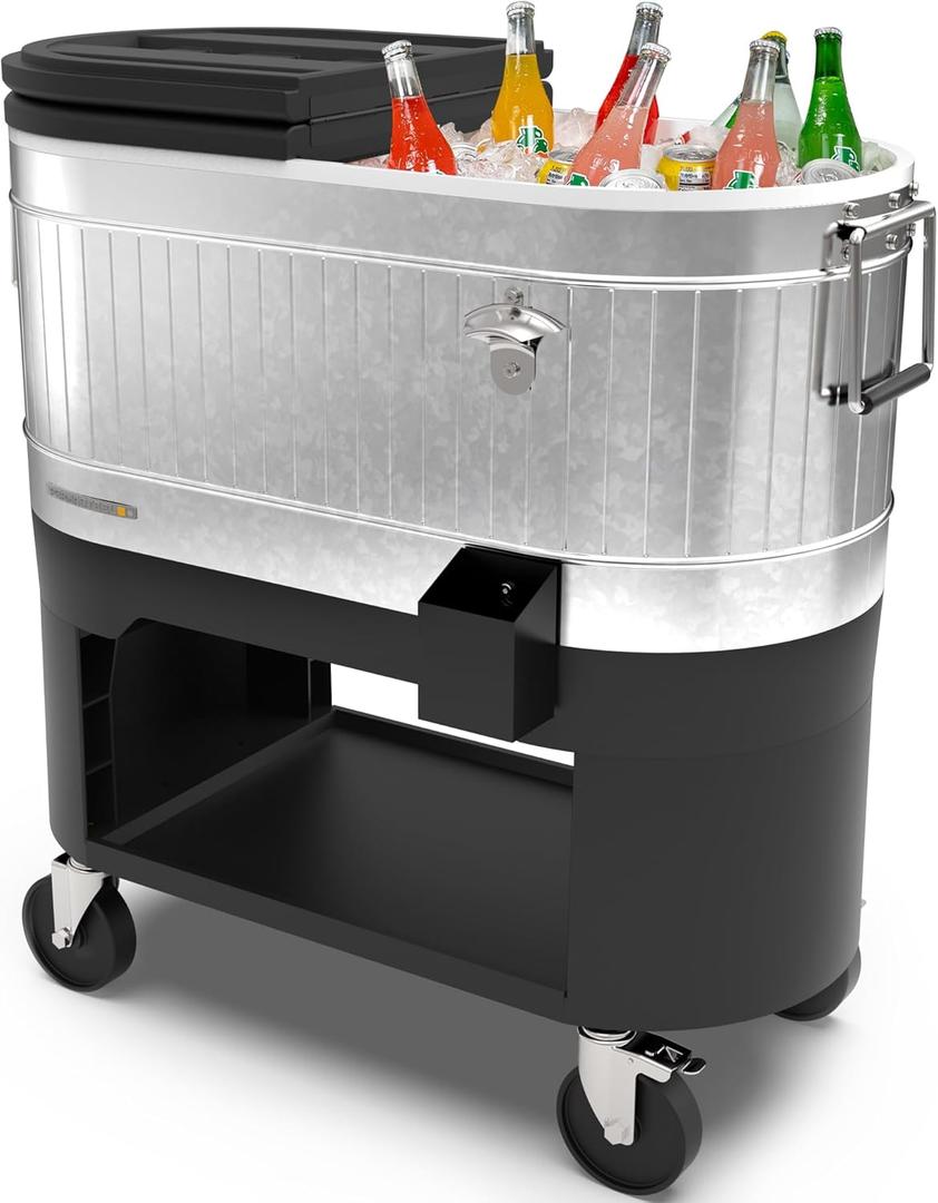 Permasteel Rolling Patio Cooler  Large Outdoor Ice Chest with Wheels, Beverage Cooler for Backyard, BBQ, Tailgate, Beach, Parties, Rustic Farmhouse Design (120-Quart, Silver)