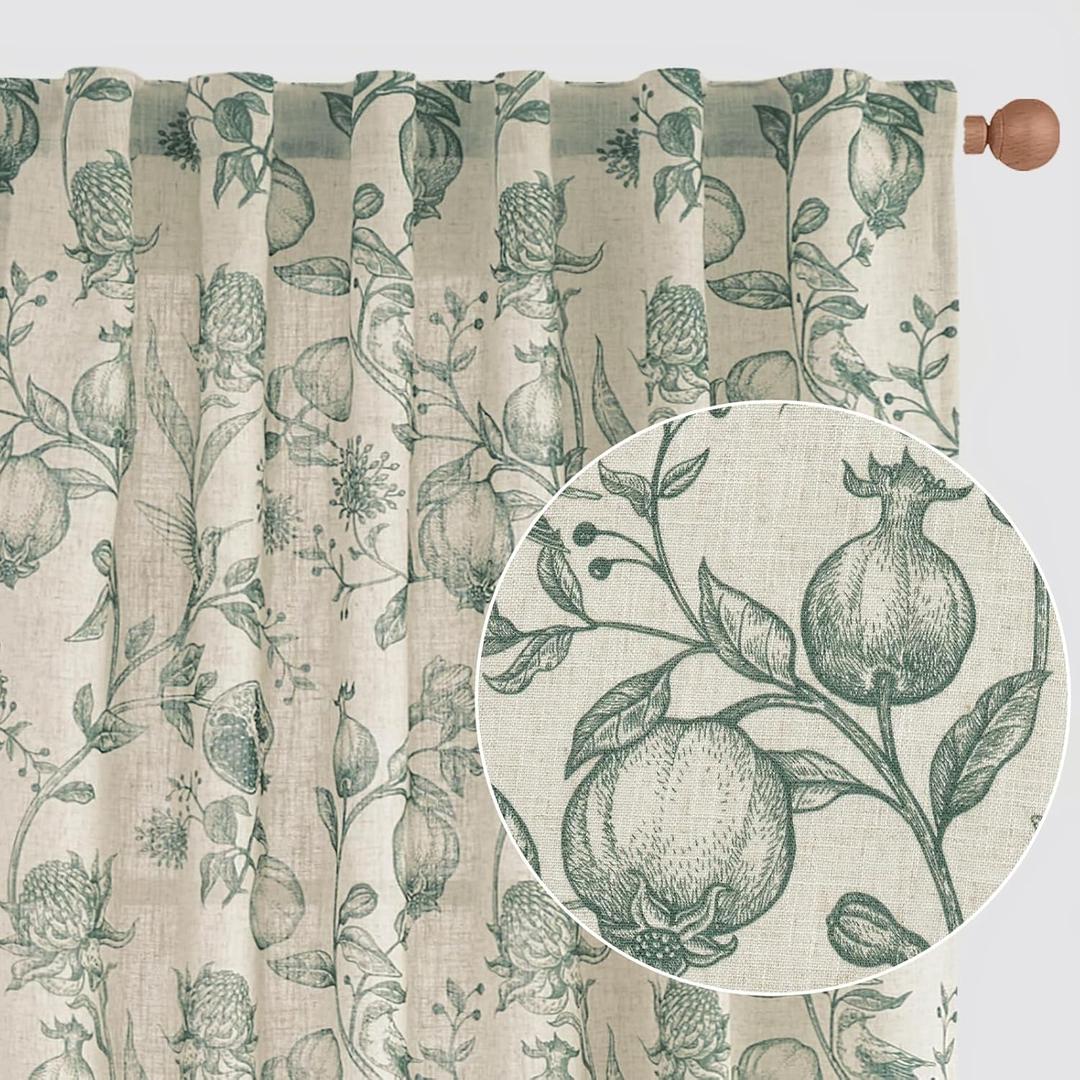 jinchan Linen Curtains Floral Curtain for Living Room 63 Inch Length Dark Green French Back Tab Light Filtering Toile Print Farmhouse Bedroom Curtains Window Drapes Set 2 Panels