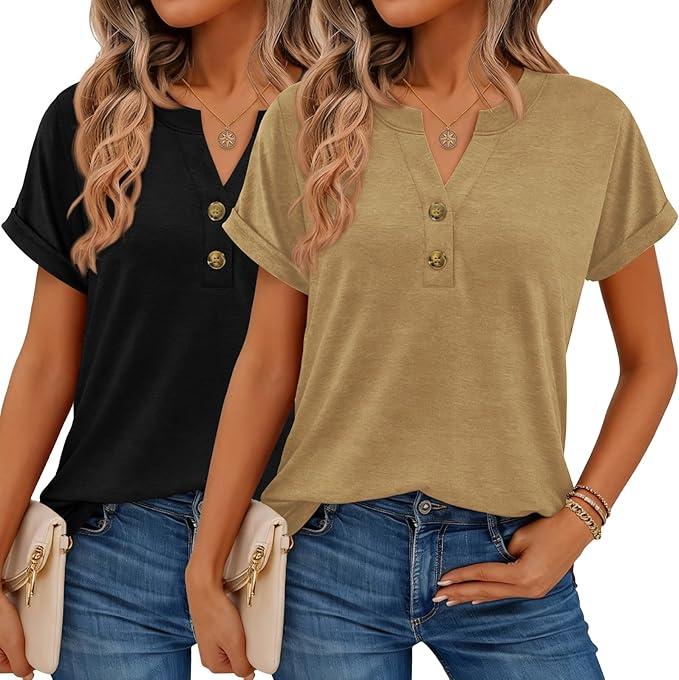 Women Tops Shorts Sleeve Shirts V Neck Henley Tops Spring Summer Trendy Casual Blouses Vacation Loose Tees Clothes 2026, XL