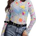 80s 90s Mesh Long Sleeve Shirt Women 90s 80s Themed Party Outfits Retro Sexy Neon Disco See Through Mock Neck Tops (M)