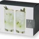 Viski Meridian Highball Glasses Set of 2 - Vintage Drinking Glass, Art Deco Ripple Glassware Design, 15oz Gold Rimmed Collins Glasses Set