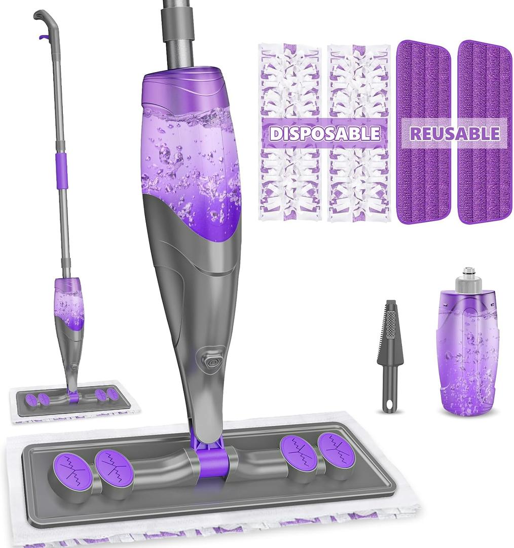 Spray Mops for Floor Cleaning - Wet Dry Mops with 2 Washable + 2 Disposable Pads for Swiffer Powermop - Refillable Bottle for Hardwood Tile Home Kitchen - Absorbs Pet Hair Dust Stains