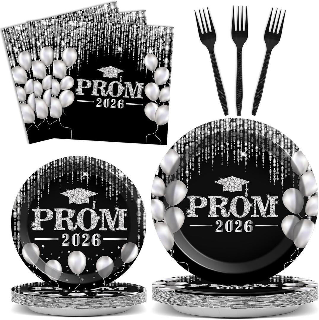 96PCS Prom Night 2026 Party Tableware Set Black Silver Graduation Party Supplies Congrats Class of 2026 Party Disposable Dinnerware Plates Napkins Forks for Graduation Celebration Favors