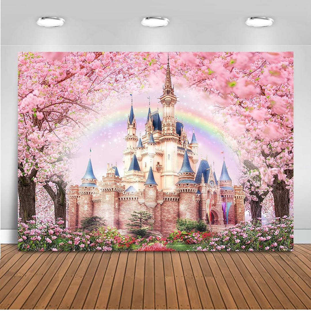Mocsicka Floral Castle Backdrop Princess Castle Pink Sakura Forest Rainbow Flowers Floral Fantasy Fairy Tale Wonderland Background Wedding Birthday Party Princess Photo Studio Props (10x8ft)
