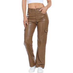 HDE Women's Faux Leather Cargo Pants with Pockets High Waisted Y2K Relaxed Pant (31, Brown)
