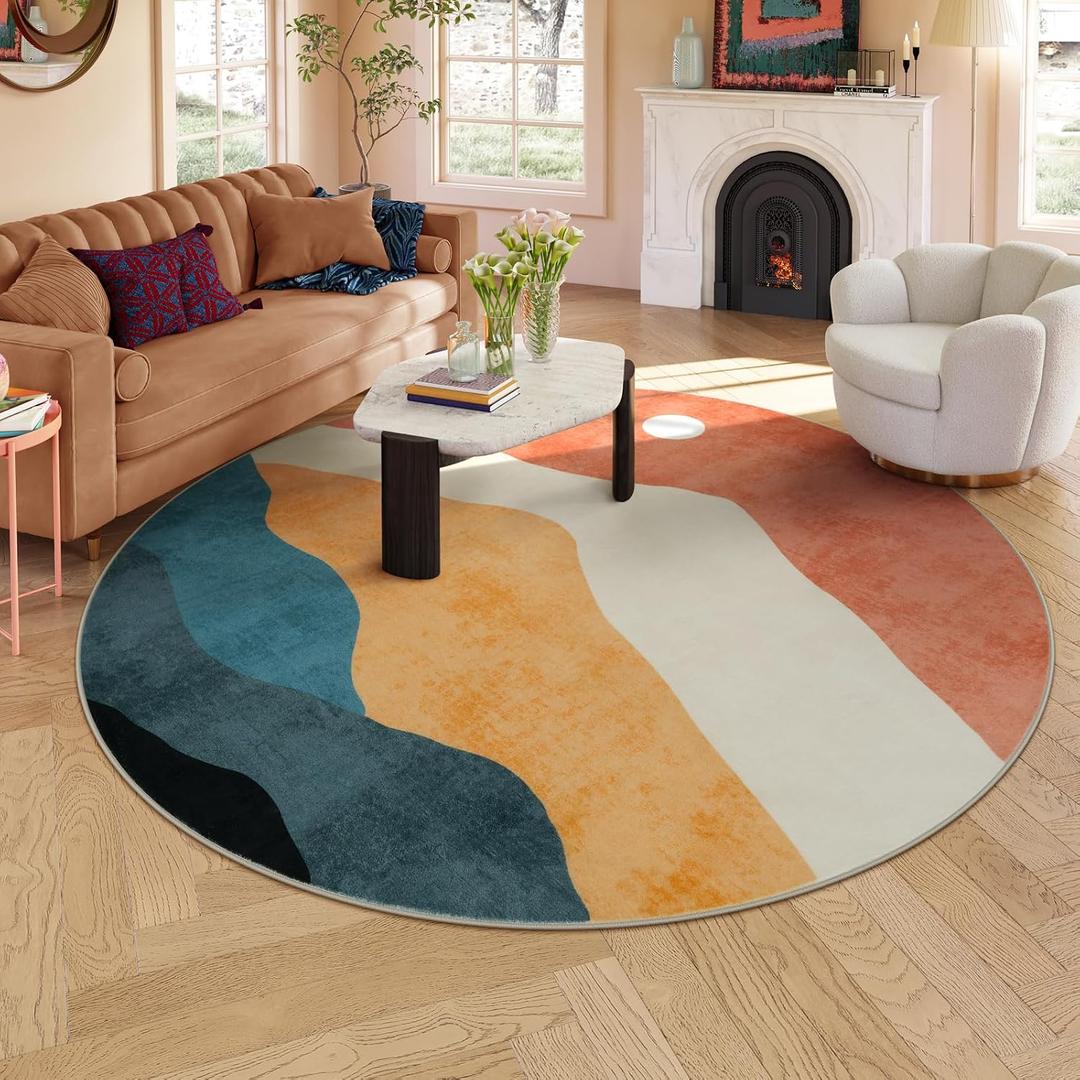 Mountain Round Rugs 8ft, Abstract Circle Rug for Living Room Non Slip Washable Bedroom Area Rug, Soft Extra Large Round Carpet for Nursery Dinng Room Playroom