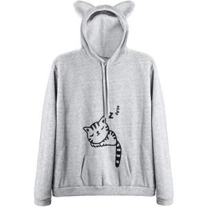 Women Teen Girls Hoodie Sweatshirt With Cute Cat Ear and Sleeping Cat Printed Pullover (Gray, M)