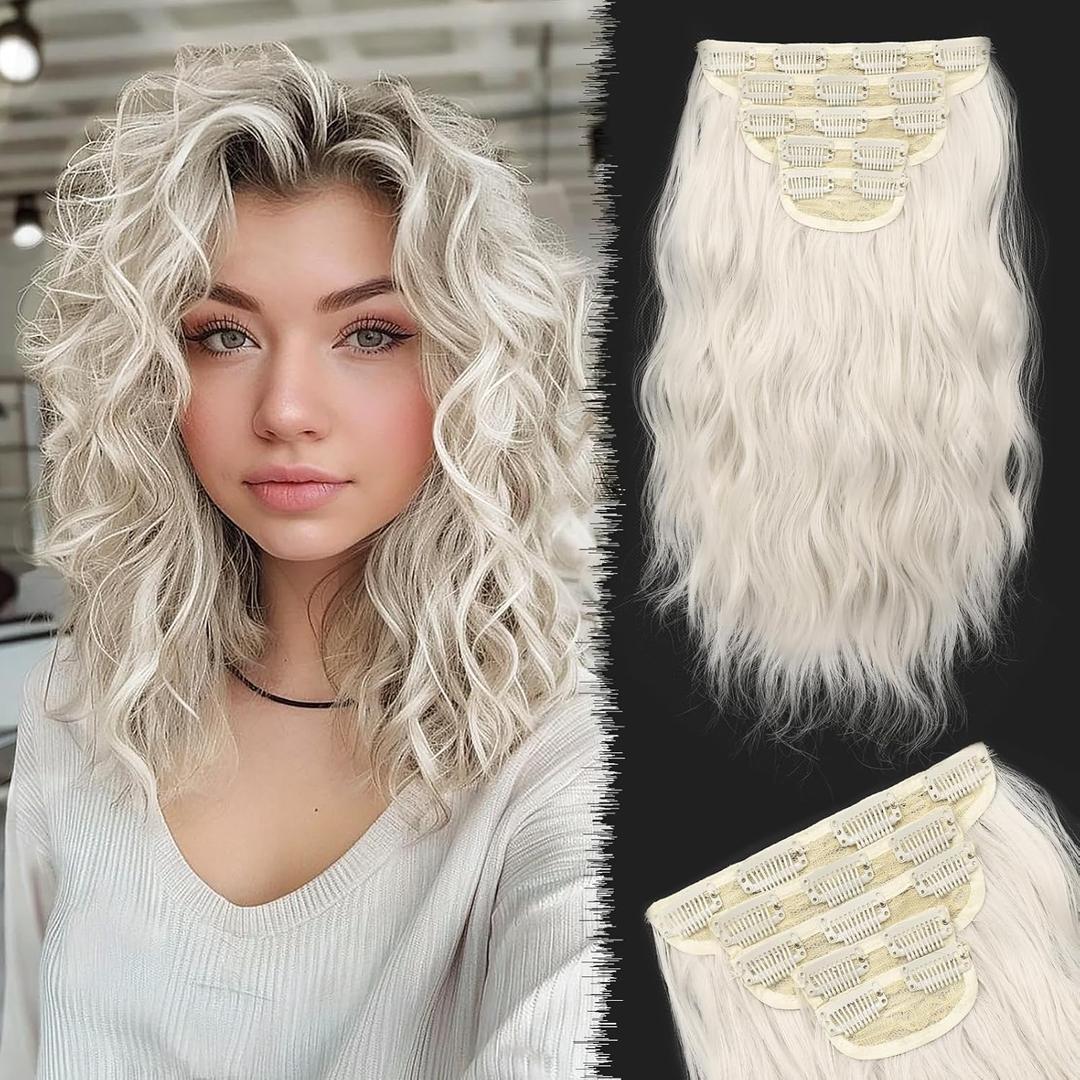 Synthetic Clip in Hair Extensions for Women 10 Inch 5Pcs Short Wavy Curly White Blonde with Gray Tone Hair Extensions Clip ins Full Head Synthetic Hair Extension for Women
