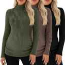 Xaatren 3 Pack Women's Maternity T-Shirts Turtleneck Long Sleeve Sweaters Side Ruched Slim Pregnancy Tee Ribbed Basic Tops (Medium, Army Green, Coffee, Black)