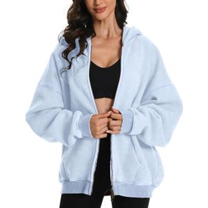 FAIABLE Womens Mens Double Zip Up Hoodie Oversized Acid Wash Heavyweight Hoodie Distress Cotton Fleece Full Zipper Sweatshirt, Light Blue, X-Large