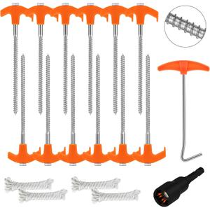 HORUSDY Tent Stakes Heavy Duty, 18-Pack 8.07 Inch Tent Stakes with with 4x13ft Rope & 1 Stopper T Pull Hook