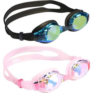 Aegend 2 Pack Kids Goggles, Swimming Goggles for Kids Age 4-16 Boys and Girls Youth, Anti-Fog Waterproof Anti-UV Pool Goggles (Black & Crisp Pink)