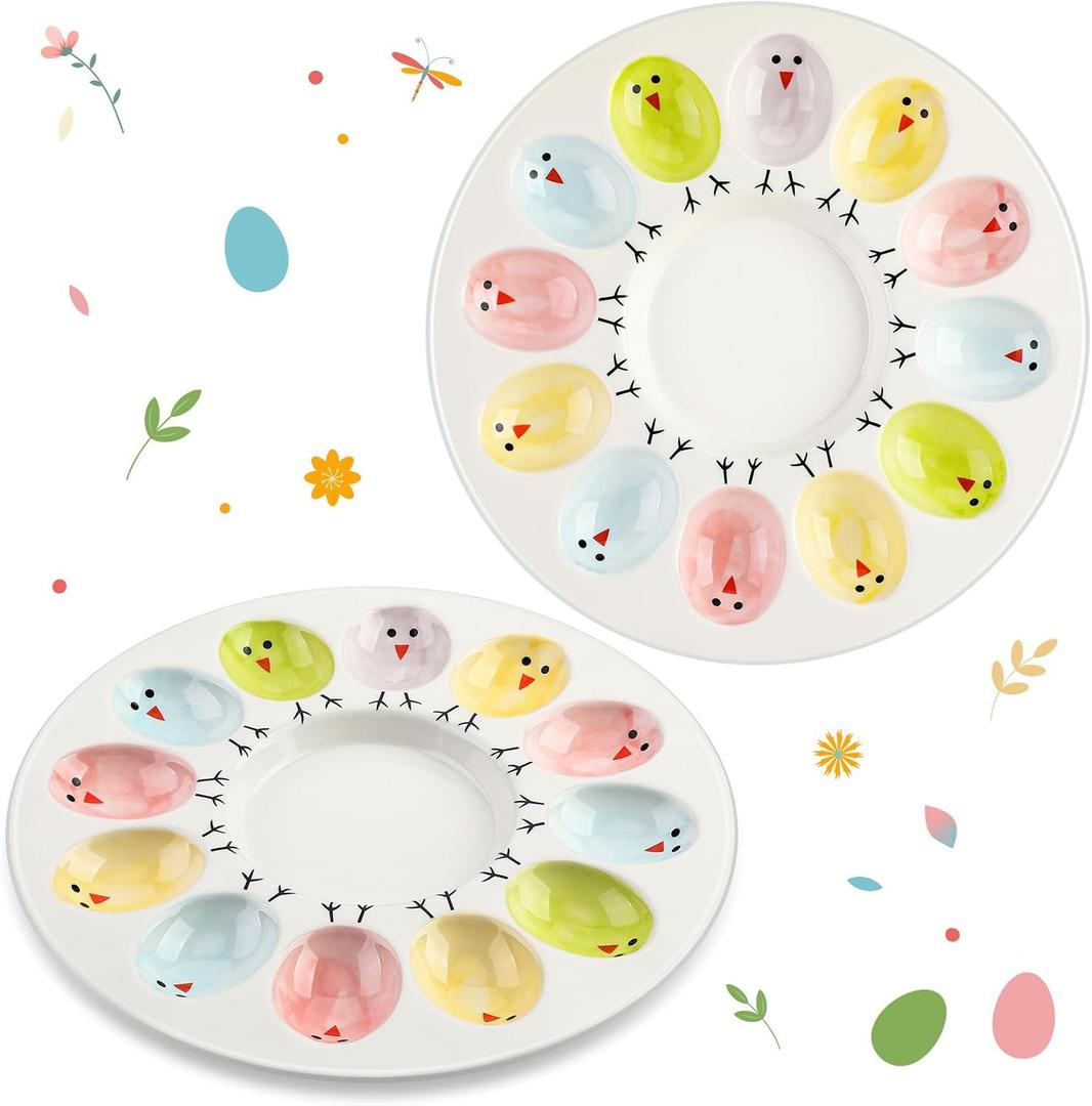Colorful Chicks Easter Deviled Egg Plates Ceramic Deviled Eggs Platter Holder Pastel Multicolored Serving Tray for Easter Festival Party Favors