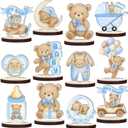 12 Pcs Wooden Baby Shower Centerpieces for Tables - Secure Fit Bear Table Decorations for Gender Reveal - Double Sided Blue Bear Table Toppers for Birthday Party Decor, Photo Props