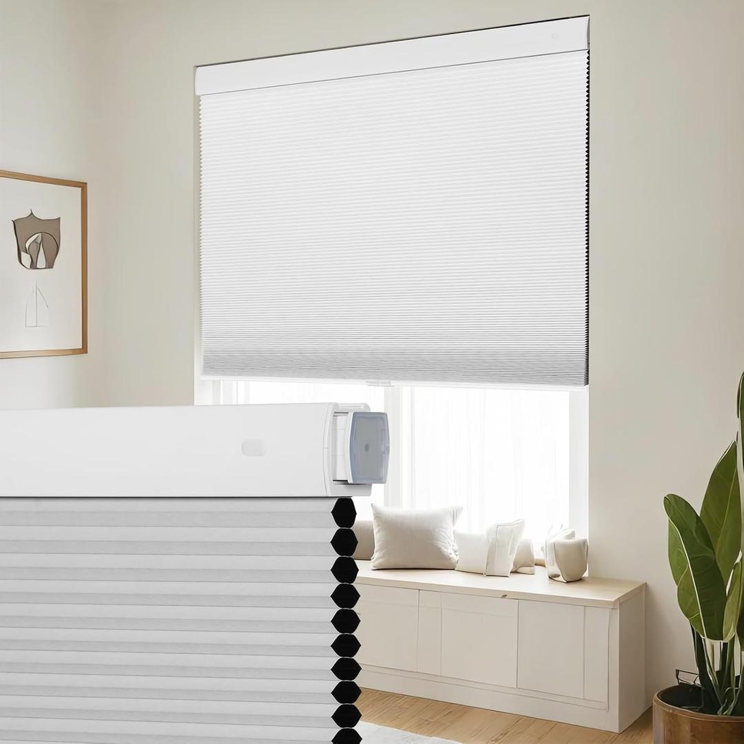 SEEYE No Drill Cordless Cellular Shades, Blackout Honeycomb Blinds for Indoor Window,Thermal Insulated Noise Reduction, Easy Install for Bedroom, Living Room, Office, White (68" W x 64" H)