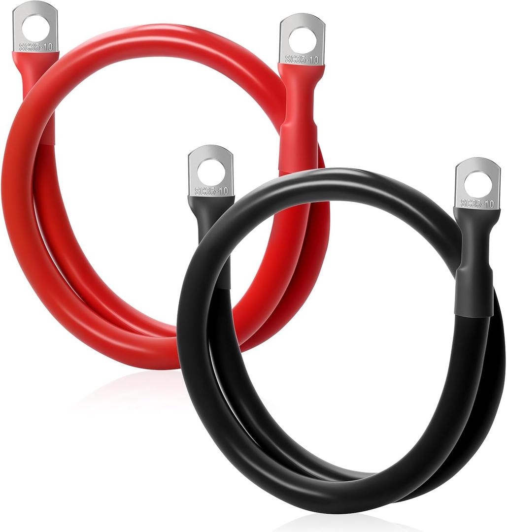 4AWG 2FT Battery Cables Set, (1 Positive & 1 Negtive) with 3/8" M10 Lug Terminals, Power Cord Inverter Jumper Cables, Battery Cable for Car, Truck, Solar, Marine, Lawn Mower, RV.