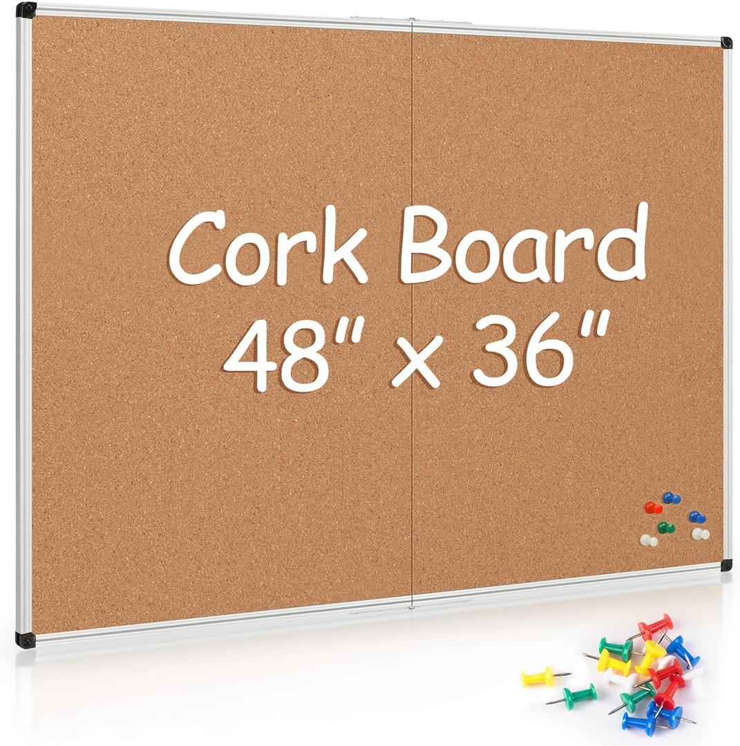 Board2by Cork Board Bulletin Board 36 x 48, Silver Aluminium Framed 4x3 Corkboard, Foldable Office Board for Wall, Large Wall Mounted Notice Pin Board with 36 Push Pins for School, Home & Office