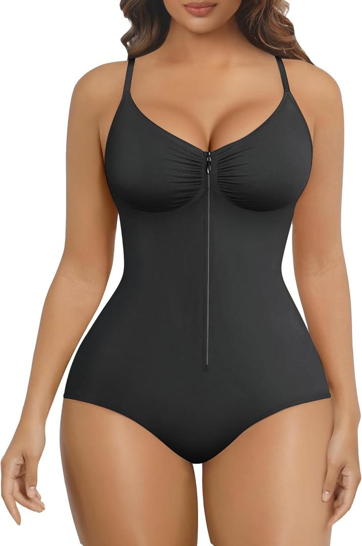 SHAPERX Women's Shapewear Bodysuit Tummy Control Seamless Zip-Up Body Shaper Waist Defining Body Suit, Size S/M (Black Brief)