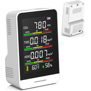 Air Quality Monitor Indoor, 5 In 1 Portable Real-Time Smart Air Quality Tester with CO2 Monitor, HCHO, TVOC, Temperature, Humidity Detector for Home, Office, Car, Hotel (White)