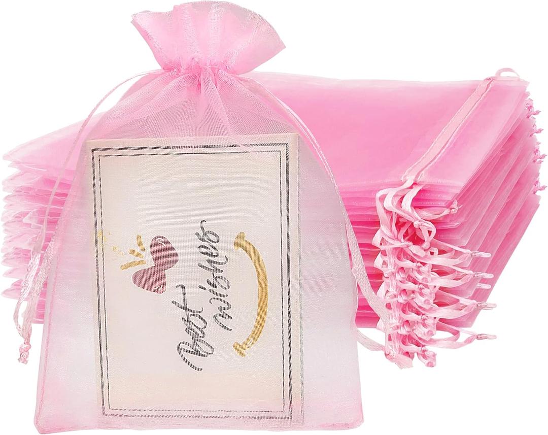 Jexila 100PCS Pink Organza Gift Bags 4''X6'' Mesh Bag Drawstring Jewelry Pouch for Girls Baby Shower Party Favor Goodie Candy Bags