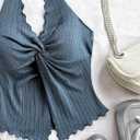 QJQ Women's Halter Tops Twist Front Slit Backless Cute Summer V Neck Tank Top Vacation Outfits (Blue, XL)