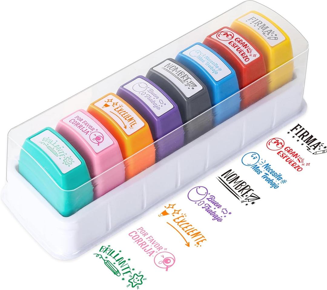 Pack of 2 (Count of 16) Spanish Teacher Grading Stamp Self Inking Stamp Motivation Encouraging Classroom Stamp for Education Homework Prize Reward Stationery Supplies