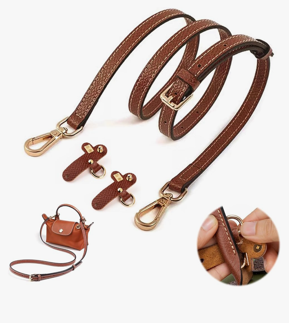 Leather Adjustable Strap Kit Compatible with Longchamp Mini Bags, Replacement Crossbody Shoulder Bag Straps with Metal Buckles, 39-47" Adjustable Purse Strap for Women (Brown)