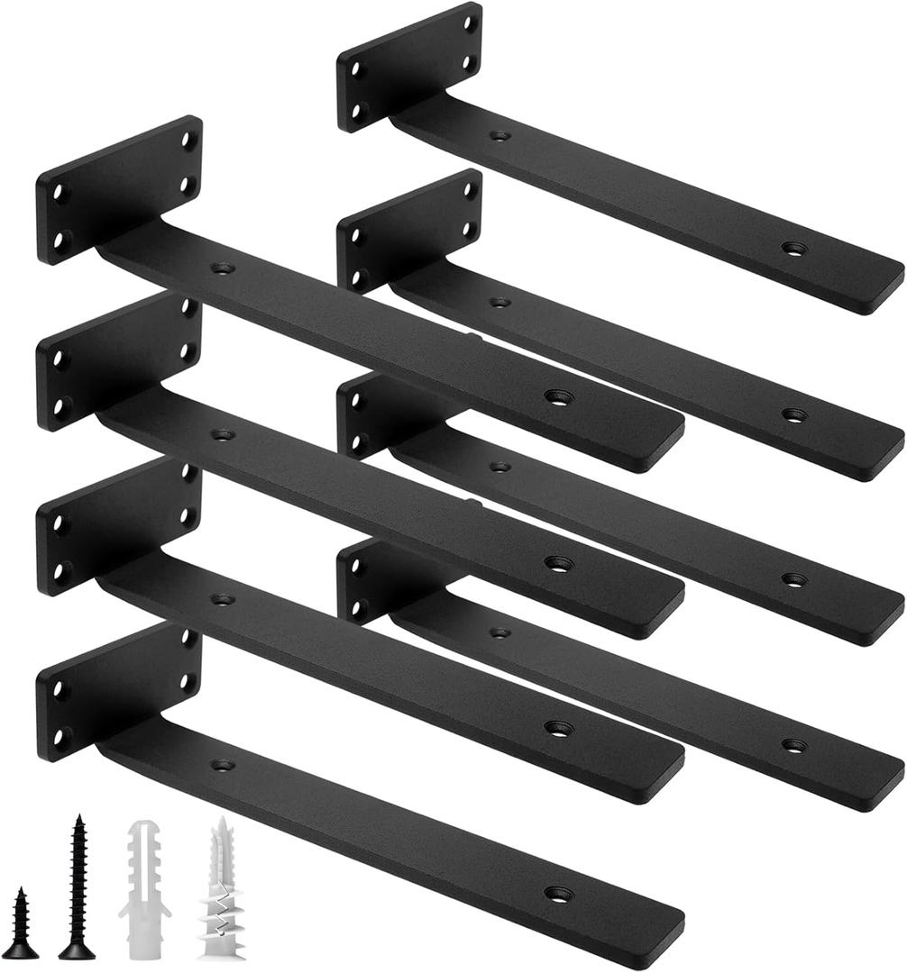 HITOMEN Heavy Duty Floating Shelf Brackets, 10-Inch (1/5'' Thick) Hidden Shelves Hardware, Iron L Brackets, Rustic Industrial Black Metal Wall Shelving Supports, 8 Pack