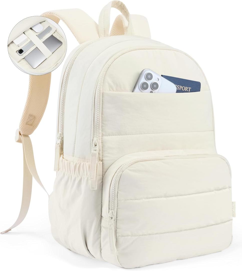Uselike Travel Backpack for Women, 15.6 Inch Laptop Backpack, Quilted College Bookbag, Cute Work Backpacks, Water Resistant, Beige