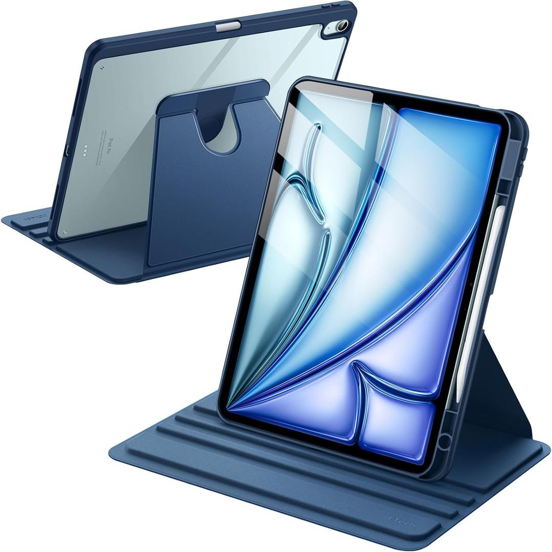 JETech Rotating Case for iPad Air 13-Inch M4/M3/M2 (2026/2025/2024) with Pencil Holder, 360 Degree Rotation Protective Stand Cover Clear Back, Auto Wake/Sleep (Deep Navy)