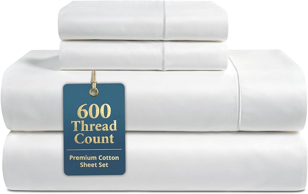 LANE LINEN Queen Sheet Set - 600 Thread Count Premium Soft Long Staple 100% Cotton Sheets, Hotel Luxury Sateen Silky Finish, Snug Fit 15" Deep Pocket, Low Pill, Machine Washable - White Sheets