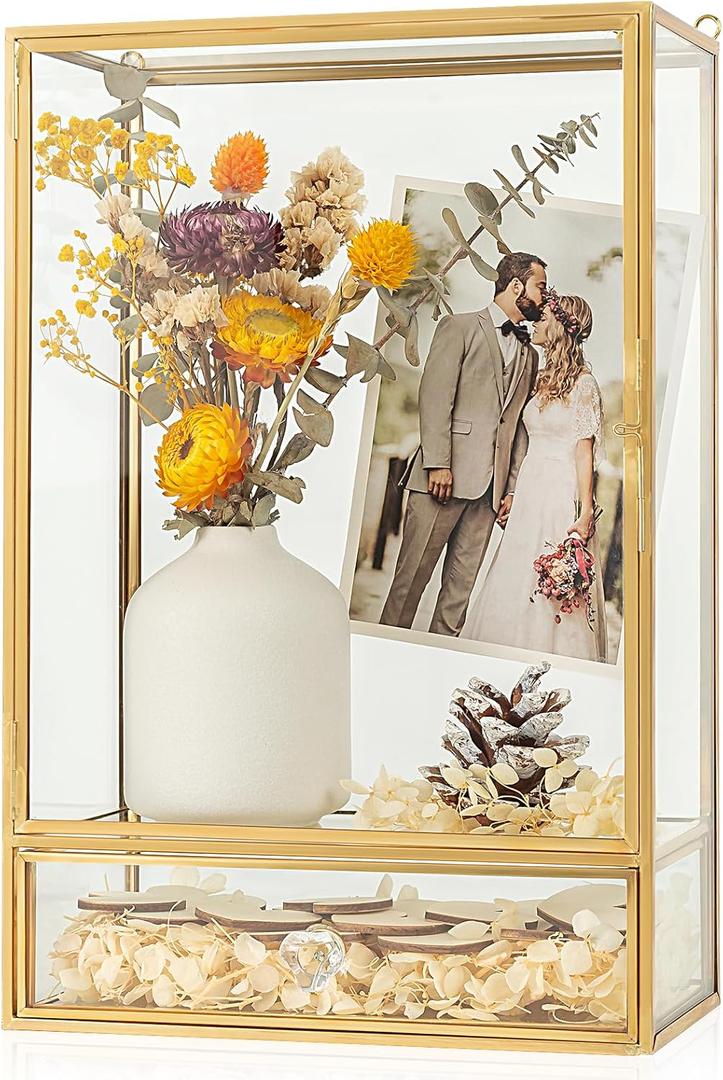 Shadow Box Frame, 3.5" Deep Wedding Shadow Boxes Display Case with Drawer, Glass Gold Shadow Memory Box for Picture, Wedding Bouquet, Pet Memorial and Keepsakes