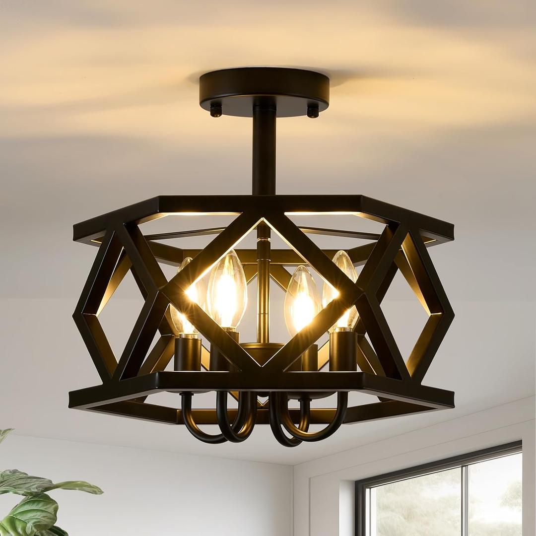 Black Semi Flush Mount Ceiling Light, Modern Foyer Lighting Fixture, 4-Light Metal Ceiling Lamp, Small Farmhouse Chandelier for Hallway Entryway Porch Bedroom Kitchen, E12 Base