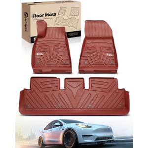 YHTAUTO Automotive All Weather Floor Mats Compatible with Tesla Model 3 2021-2023, Car Mats Custom Fit TPE Floor Liners Front & Back Seat, Red, Set of 3