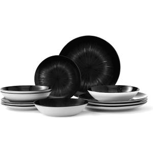 Bestone 12 Piece Round Kitchen Dinnerware Sets,Plates and Bowls sets,Dishes, Plates, Bowls, Dish SetPlates and Bowls,Service for 4, Chip Resistant Porcelain Starburst Turquoise Black