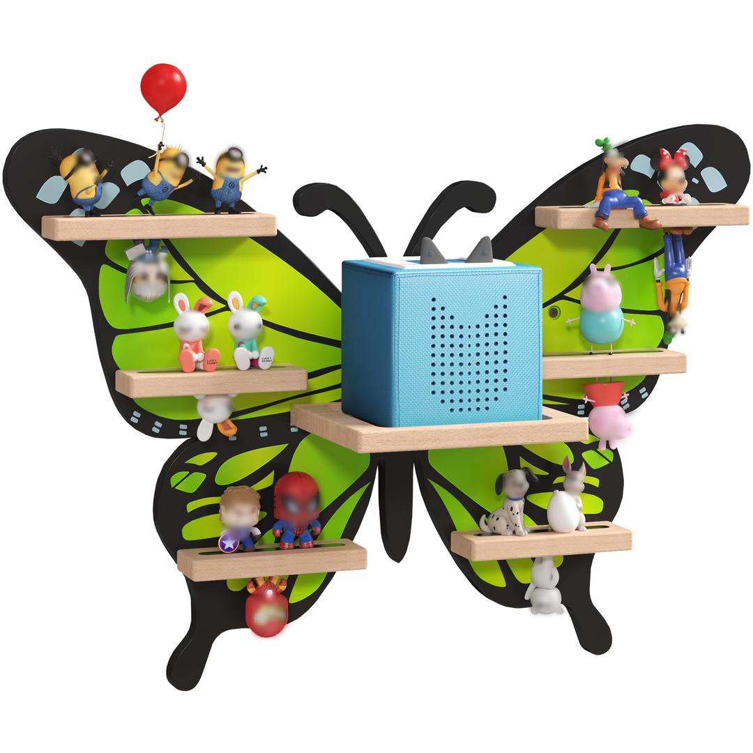 Eostbe Green Butterfly Tonie Shelf for Tonie and Box - Magnetic Wooden Floating Shelf for Figure Storage,Cute Tonie Wall Shelf for 10-15 Character,Tonie Box Shelf Wall Mounted for Kids.