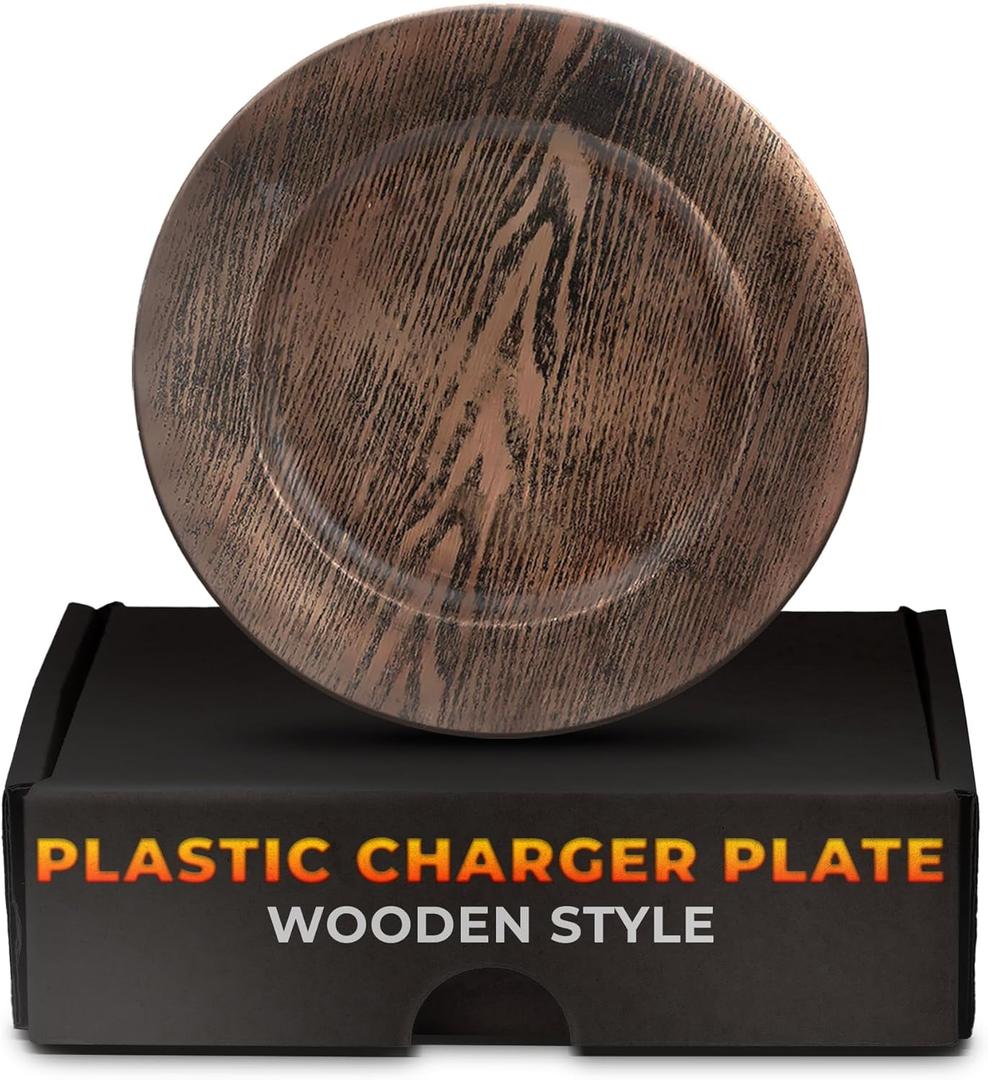 Plastic Chargers for Dinner Plates Set of 4 - Large 13" Round Design -Colorfast and Elegant, Suitable for Dinner Settings, Weddings | Summer Table Decor, Great Gifts for Mom, Faux Wood Charger Plates
