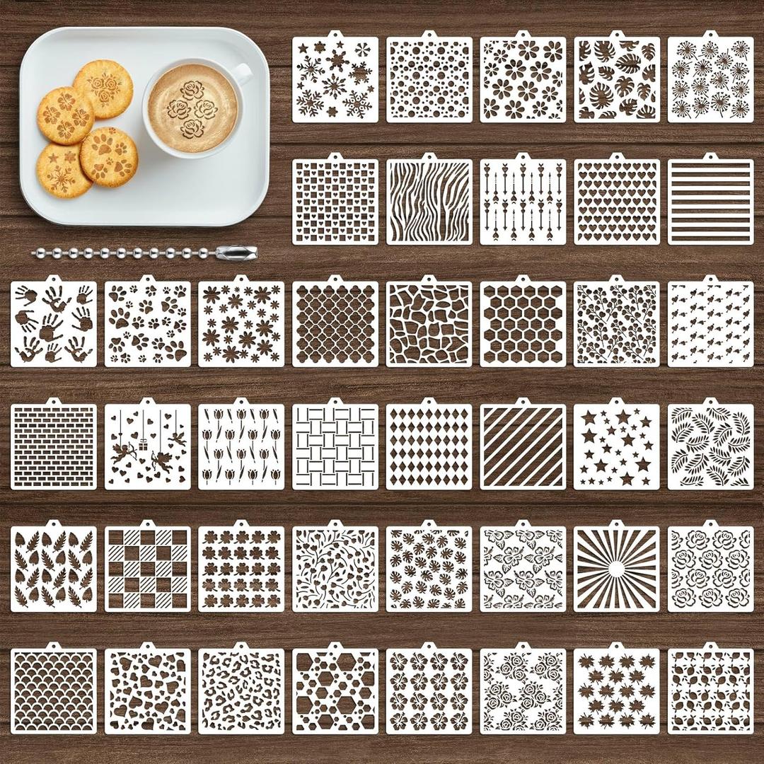 42PCS Cookie Stencils Reusable Cookie Cake Stencils Royal Icing, Plastic Baking Stencil for Cake Decorating Buttercream Dessert Coffee DIY Drawing Birthday Party (Random Style 5.5In)