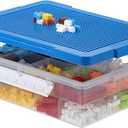 OGANAZI Plastic Organizer Bins for Blocks, Blocks Storage Container with Baseplate Lid Removable Tray, Stackable Double Layer 30 Slots Clear Storage Box Organizer for Bricks, Crafts, Beads(Blue)