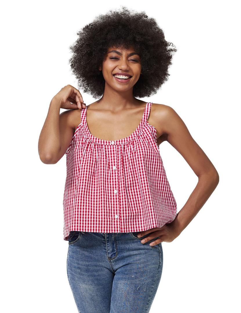 BEAUZSUZSANA Fashion Camisole for Women 2024 Summer Casual Sexy Tops 100% Cotton Scoop Neck Sleeveles Shirts Button Down (Red Plaid,XXL) (Red, XXL)