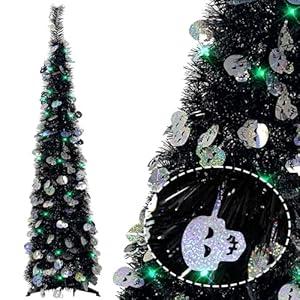 Lighted up Christmas Tree for Indoor Decoration 5FT Pre-lit Mini Balck Pop up Tree with 60 Lights, Black Tinsel with Silver Laser Skull Collapsible Tree Halloween Decorated Tree